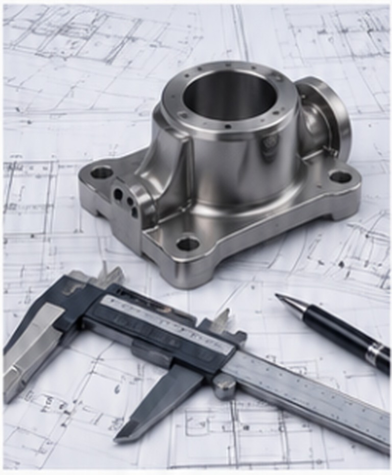Illustrative precision engineered CAD component on technical drawings